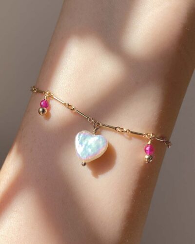 Sweet Heart Pearl & Gemstone Bracelet - 14K Gold Filled (18cm)