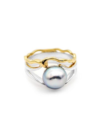 Island Bound Wave Ring with Abrolhos Island Black Pearl - Sterling Silver