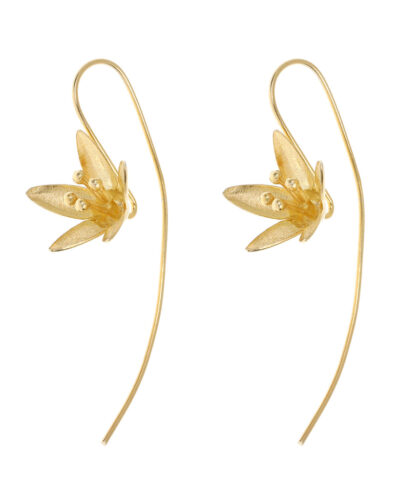 Lily Flower with Long Back Earrings - Yellow Gold