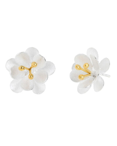 Double Daffodil Flower Stud Earrings - Sterling Silver & Yellow Gold