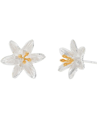 Lily Flower Stud Earrings - Silver & Yellow Gold