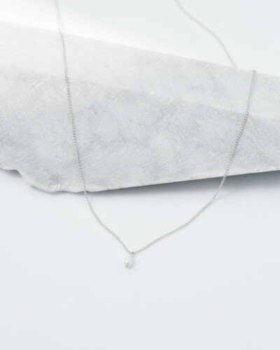 Rice Pearl Drop - Sterling Silver (40cm) (Flat Curb Chain)