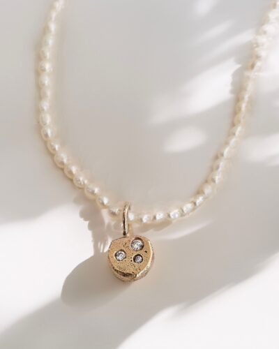 Rice Pearl Choker & Lab Diamond Bubble Charm - 9K Yellow Gold
