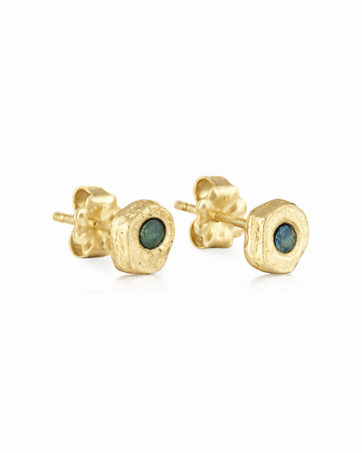 Single Stone Bubble Stud Earrings - 14K Yellow Gold, Teal Sapphire