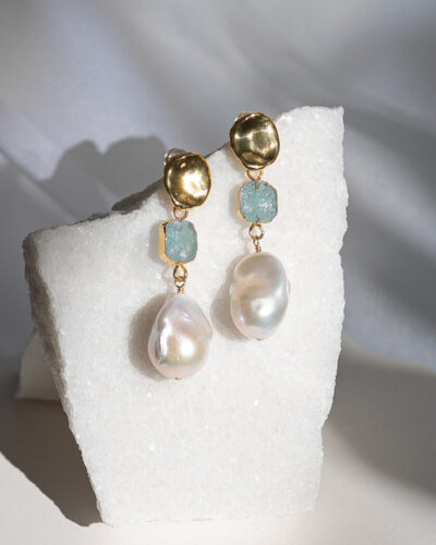 Aquamarine Birthstones x Pearls Earrings (March) - 24k Gold Plated