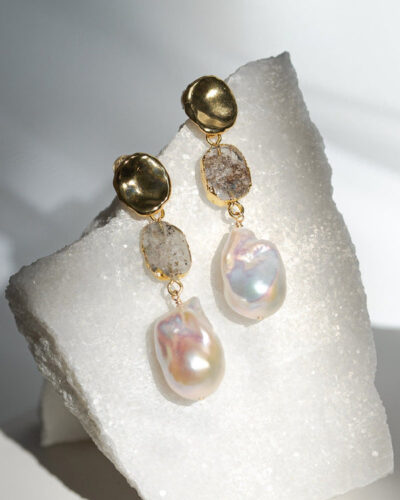 Herkimer Diamond Birthstones x Pearls Earrings (April) - 24k Gold Plated