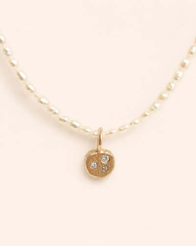 Rice Pearl Choker & Lab Diamond Bubble Charm - 9K Yellow Gold